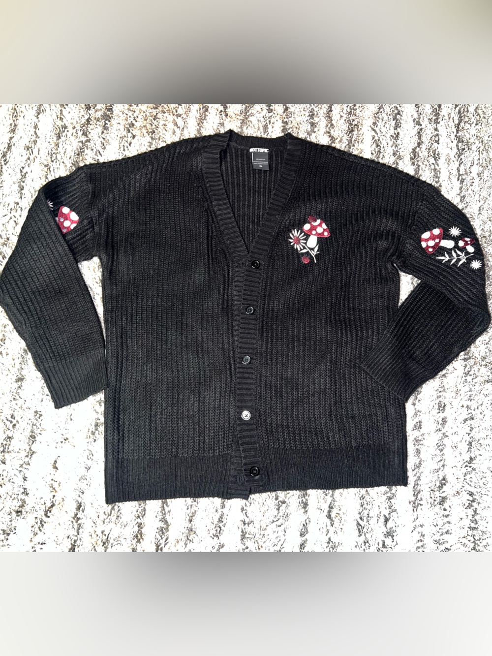 Hot Topic Black Cardigan with Red & White Mushroom Embroidery - Picture 2 of 6